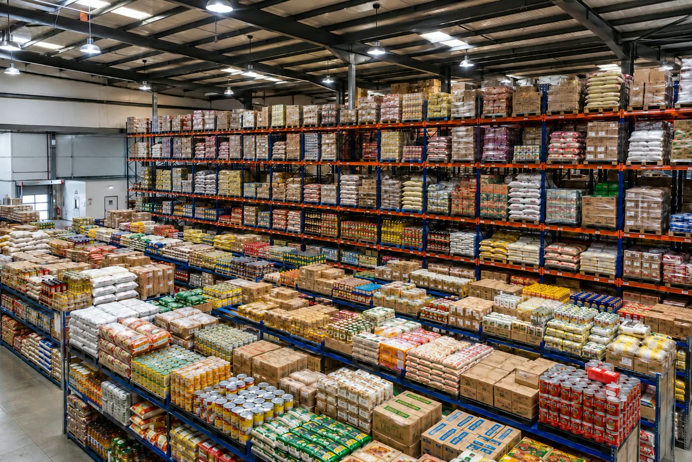 Centro de distribuição com prateleiras cheias de mercadorias
