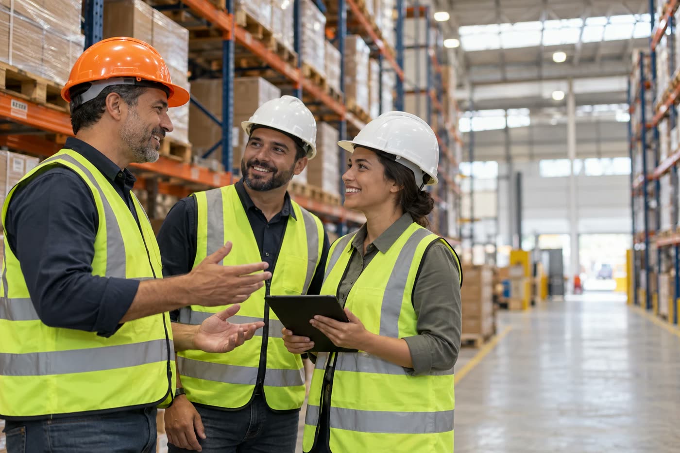 Encarregado de capacete laranja conversando com a equipe num galpão logístico cheio de mercadorias